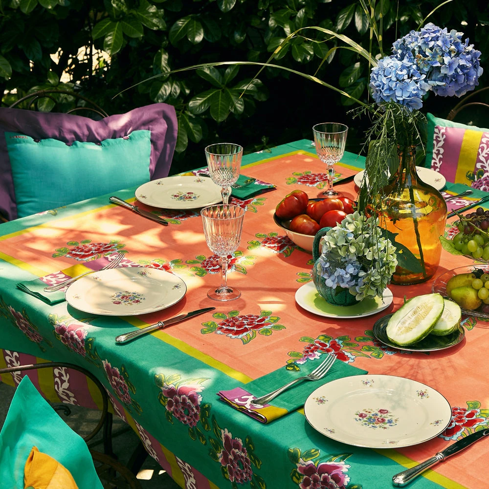 Lisa Corti Panel In Ortensia Peach Emerald Cotton Muslin 220 X 220cm Dining & Tabletop 5 Lisa Corti Panel In Ortensia Peach Emerald Cotton Muslin 220 X 220cm Dining & Tabletop