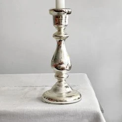 Vintage Decorated 19th Century Mercury Glass Candlestick