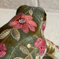 Anke Drechsel Megan Silk Velvet Embroidered Frog In Shaded Lake Anke Drechsel Embroidered Animals