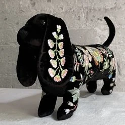 Anke Drechsel Madame Bovary Silk Velvet Dachshund In Charcoal Anke Drechsel Embroidered Animals