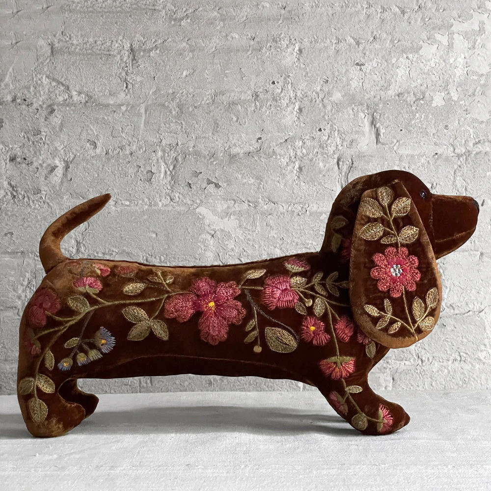 Anke Drechsel Anke Drechsel Embroidered Animals Megan Silk Velvet Dachshund In Cognac