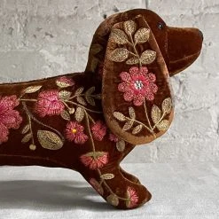 Anke Drechsel Anke Drechsel Embroidered Animals Megan Silk Velvet Dachshund In Cognac
