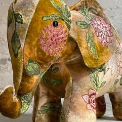 Anke Drechsel Bouquet Silk Velvet Embroidered Elephant In Shaded Yellow Anke Drechsel Embroidered Animals