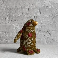 Anke Drechsel Small Moira Silk Velvet Embroidered Penguin In Light Brown Anke Drechsel Embroidered Animals