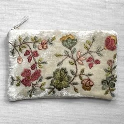 Anke Drechsel Art & Objects Abby Embroidered Silk Velvet Cosmetic Zipper Pouch In Ivory