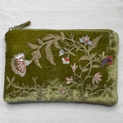Anke Drechsel Art & Objects Jane Embroidered Silk Velvet Cosmetic Zipper Pouch In Foliate Green