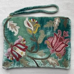 Anke Drechsel Livia Embroidered Silk Velvet Perfect Zipper Pouch In Shaded Lagoon