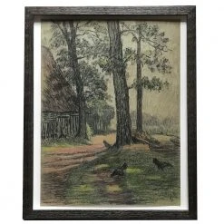 Vintage Art & Objects Evert Rabbers Framed "Hens" Drawing