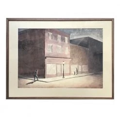 Vintage Ann Winters "Main Street At Night" Framed Watercolor