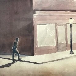 Vintage Ann Winters "Main Street At Night" Framed Watercolor