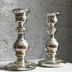 Vintage Dining & Tabletop Pair Of 19th Century Mercury Glass Candlesticks (B)