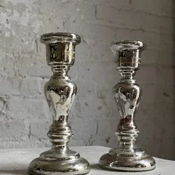 Vintage Pair Of 19th Century Mercury Glass Candlesticks (A) Dining & Tabletop