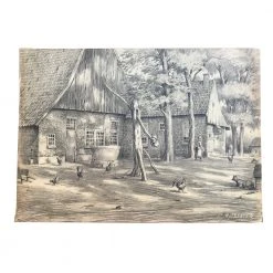 Vintage Evert Rabbers Landscape Drawing 19