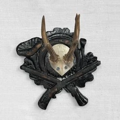 Vintage Antique Black Forest Carved Antlers With Carved Plaque (H37)