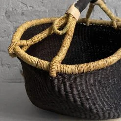 Art & Objects Savanna Round Basket With Short Handles In Black With Natural Rim