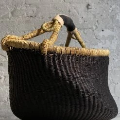 Art & Objects Savanna Round Basket With Short Handles In Black With Natural Rim